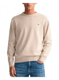 Gant Classic Cotton Crew Neck Jumper Light Beige Melange Light Beige Melange