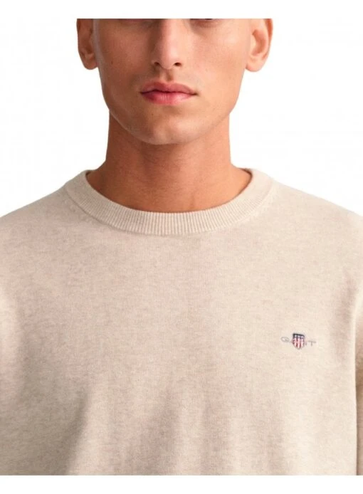 Gant Classic Cotton Crew Neck Jumper Light Beige Melange Light Beige Melange - Image 2
