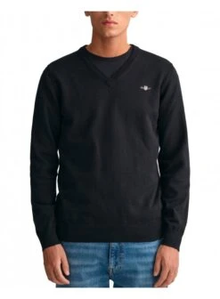 Gant Classic Cotton V Neck Sweater Black Black