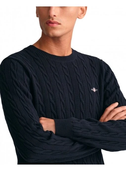 Gant Cotton Cable Crew Neck Jumper Evening Blue Evening Blue - Image 2