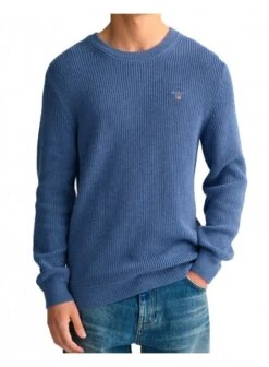 Gant Cotton Wool Crew Neck Rib Chunky Jumper Denim Blue Melange Denim Blue Melange