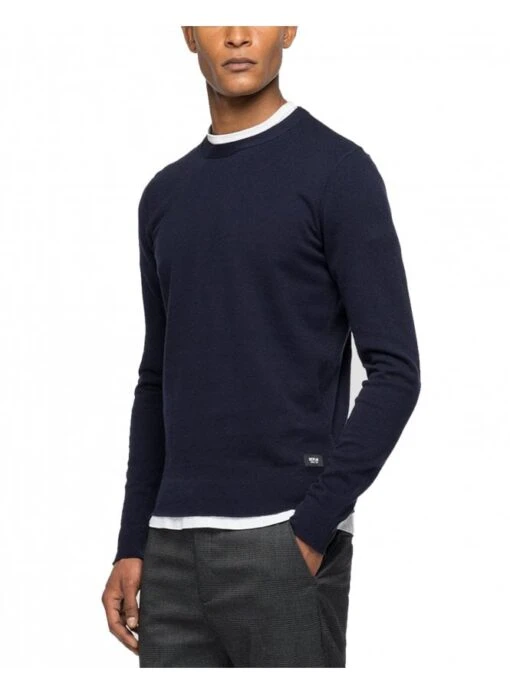 Replay Mens Cotton Crew Neck Jumper Dark Navy Dark Navy